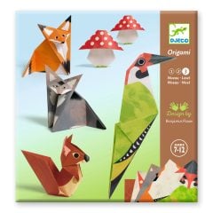 Papierowe figurki origami przedstawiające lisy, ptaki i grzyby w leśnych kolorach. Djeco Origami SPACER W LESIE