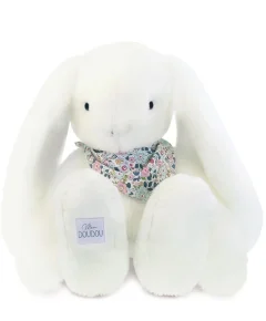 Biały pluszowy królik z długimi uszami i kwiatową chustką dla dziecka. DOUDOU pluszowy królik Lapin Fleurette Doudou et Compagnie 50cm biały