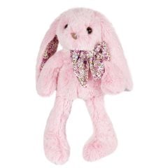 Różowy pluszowy królik z długimi uszami i błyszczącą kokardą dla dziecka. DOUDOU pluszowy królik Histoire d’Ours 25cm różowy