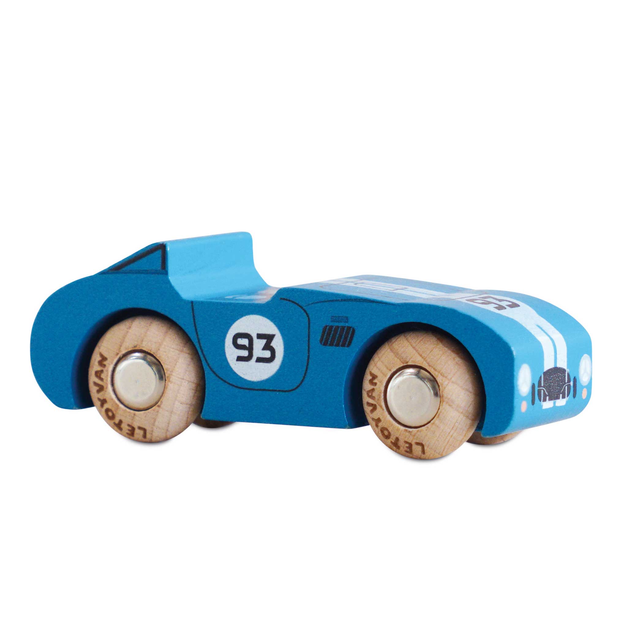 Drewniany niebieski samochodzik wyścigowy z numerem 93 dla dziecka. Le Toy Van Samochodzik Coby