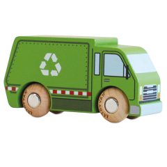 Zielony drewniany samochód śmieciarka z białym symbolem recyklingu i beżowymi kołami. Le Toy Van Samochodzik Rudy