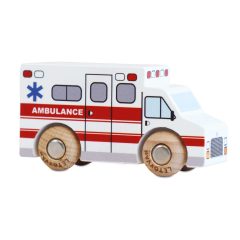 Drewniany samochodzik ambulans biały z czerwonymi paskami dla dziecka. Le Toy Van Samochodzik Lance