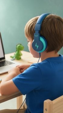 Granatowe przewodowe słuchawki nauszne na głowie dziecka siedzącego przy biurku. Kiddoboo P13 słuchawki przewodowe granatowe 6+