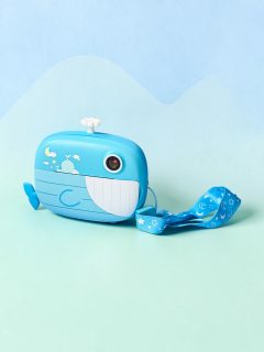 Niebieski aparat fotograficzny dla dzieci z drukarką termiczną i paskiem na rękę, wzór wieloryba. Kiddoboo FotoFun 2 aparat z drukarką termiczną i selfie +karta 32GB Blue