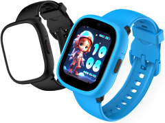 Niebieski smartwatch dla dziecka z czarnym paskiem, ekranem dotykowym i ikonami aplikac. Kiddoboo WatchMe smartwatch dla dzieci GPS karta SIM telefon Black/Blue