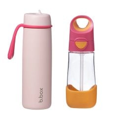 Różowa butelka termiczna i tritanowa butelka na wodę ze słomką z pomarańczowym uchwytem. b.box Zestaw Hydro Team butelka termiczna 690ml Pink Paradise +butelka na wodę ze słomką tritanowa 450ml Strawberry Shake