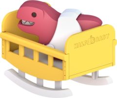 Różowy magnetyczny składany dinozaur dla dziecka w żółtym łóżeczku na białych płozach. HalfToys Magnetyczny Składany Baby T-Rex