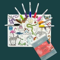 Silikonowa mata do kolorowania z alfabetem i rysunkami zwierząt oraz pisakami dla dziecka. HeyDoodle Duża Mata Silikonowa do Kolorowania A3 Alfabet