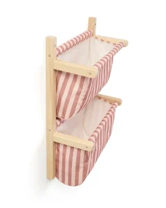 Materiałowa półka ścienna na zabawki w różowo beżowe paski z drewnianą ramą. KID’S CONCEPT półka ścienna materiałowa w paski clay pink