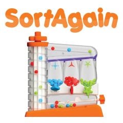 Kolorowy sorter z przezroczystymi rurkami i kulkami na pomarańczowej podstawie dla dziecka. Fat Brain Toy Co. Zakręcony Sorter SortAgain