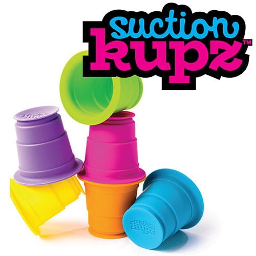 Kolorowe plastikowe kubeczki z przyssawkami do układania i łączenia. Fat Brain Toy Co. Kubeczki Przyssawki
