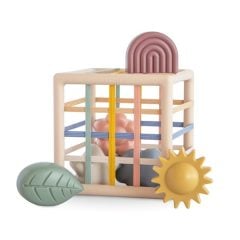 Elastyczna kostka manipulacyjna sorter dla dzieci z drewnianą ramą i kolorowymi elementami w kształcie liścia kwiatu i tęczy. Mushie Kostka manipulacyjna elastyczny sorter dla dzieci