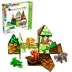 Klocki magnetyczne dla dzieci z motywem dżungli zielone i brązowe elementy oraz figurki zwierząt: tygrys, słoń, krokodyl i małpa. Magna-Tiles Klocki Magnetyczne Jungle Animals 25el