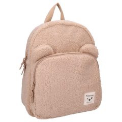 Beżowy plecak dziecięcy z miękkiego materiału z naszywką i uszami misia. Kidzroom Plecak dla dzieci Beary Excited Beige