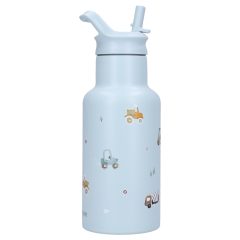 Niebieski bidon dla dziecka z ustnikiem i wzorem pojazdów. Kidzroom Butelka bidon 350ml Little Story Blue