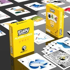 Żółte karty do gry z ilustracjami zwierząt i ryb oraz pudełko kart. Eugy Karty do gry