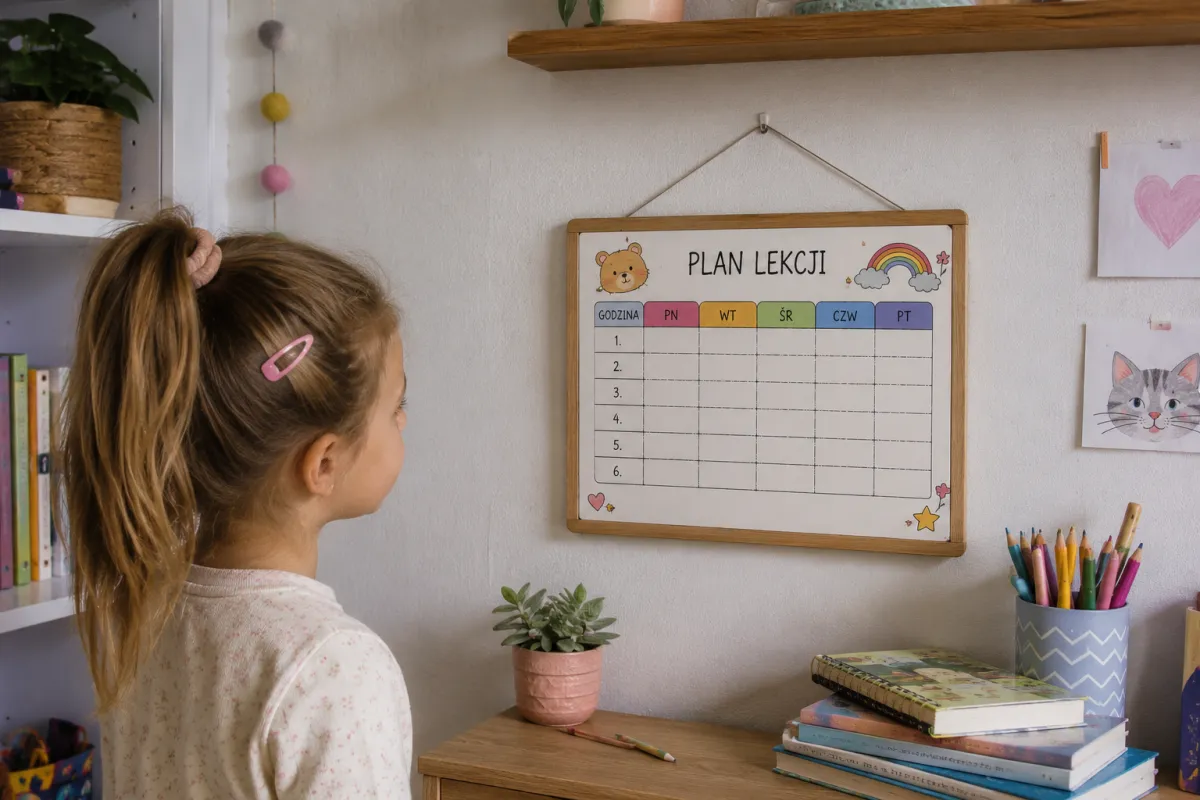 Plan lekcji na ścianie w pokoju dziecka obok biurka i przyborów szkolnych