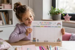 Dziewczynka trzyma plan tygodnia dla dziecka do druku z kolorową tabelą i tęczą