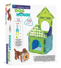 Klocki magnetyczne z elementami domku dla psa w zielonym i niebieskim kolorze oraz figurką psa. Magna-Tiles Klocki Magnetyczne Dog House 13el