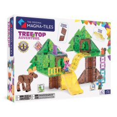 Zestaw klocków magnetycznych z zielonym domkiem na drzewie, żółtą zjeżdżalnią, figurką i koniem, dla dzieci. Magna-Tiles Klocki Magnetyczne Tree Top Adventure 42el