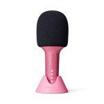 Różowy mikrofon karaoke z czarną główką i brokatowym wykończeniem na podstawce. Lalarma Mikrofon Karaoke Glitter Groove Różowy