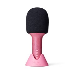 Różowy mikrofon karaoke z czarną główką i brokatowym wykończeniem na podstawce. Lalarma Mikrofon Karaoke Glitter Groove Różowy