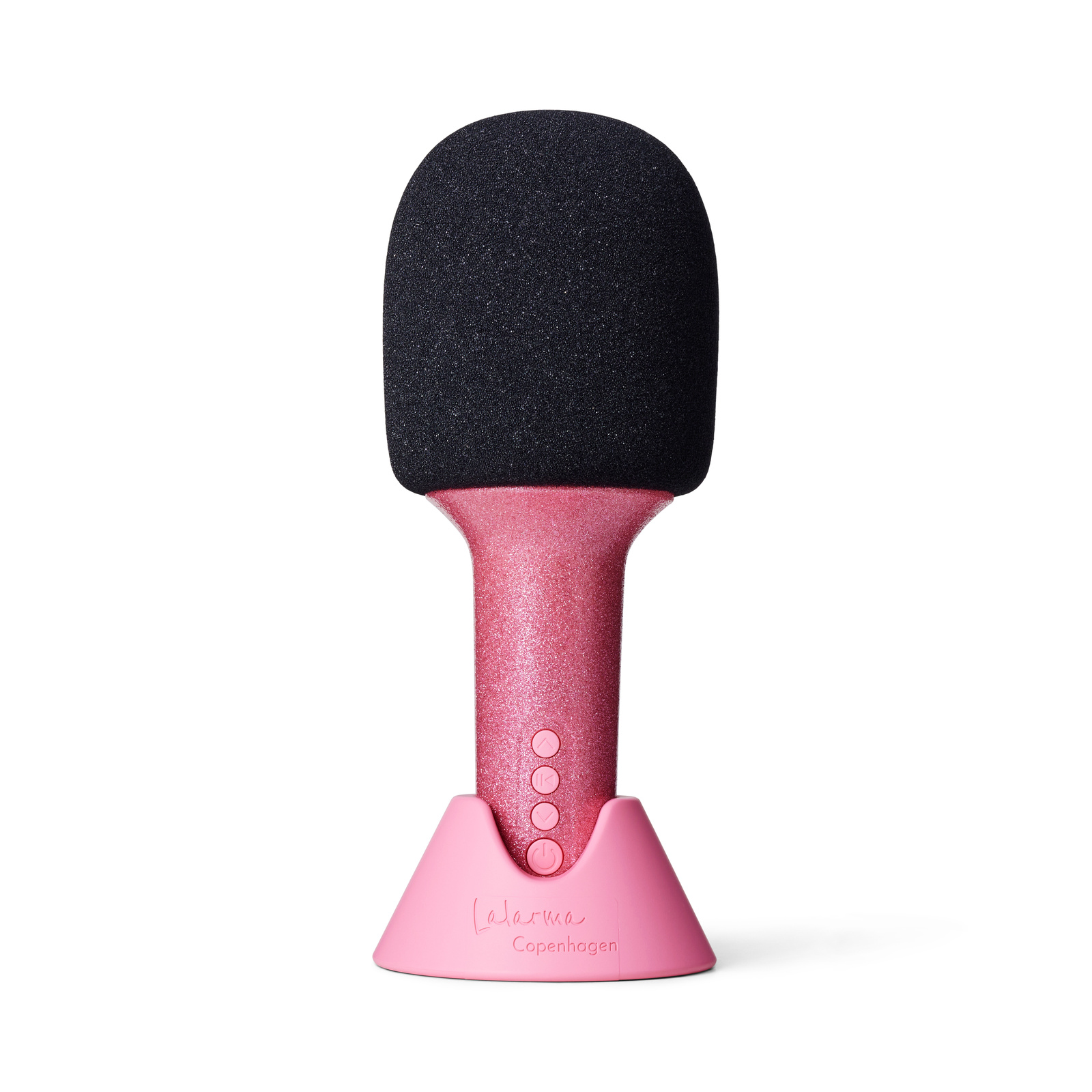 Różowy mikrofon karaoke z czarną główką i brokatowym wykończeniem na podstawce. Lalarma Mikrofon Karaoke Glitter Groove Różowy