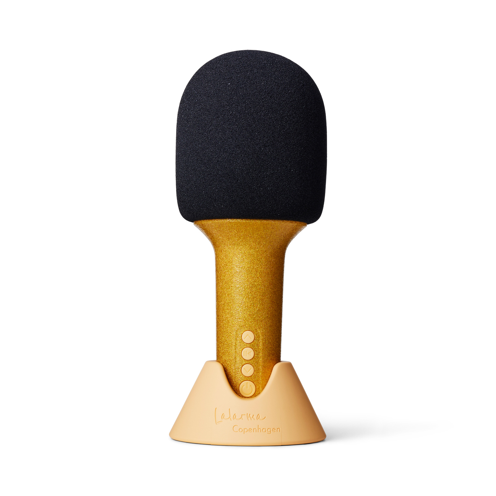 Złoty mikrofon karaoke z czarną gąbką i podstawą w kolorze złotym. Lalarma Mikrofon Karaoke Glitter Groove Złoty