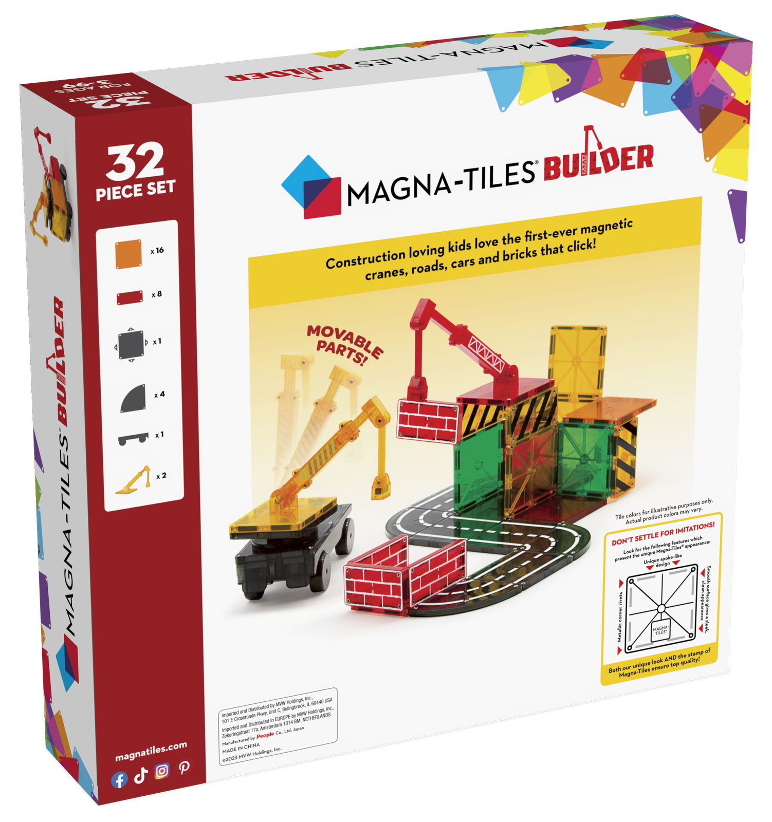 Zestaw klocków magnetycznych 32 elementy z kolorowymi płytkami i pojazdem budowlanym dla dziecka. Magna-Tiles Klocki Magnetyczne Builder 32el
