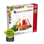 Zestaw klocków magnetycznych z kolorowymi elementami i pojazdami budowlanymi dla dziecka. Magna-Tiles Klocki Magnetyczne Builder 32el