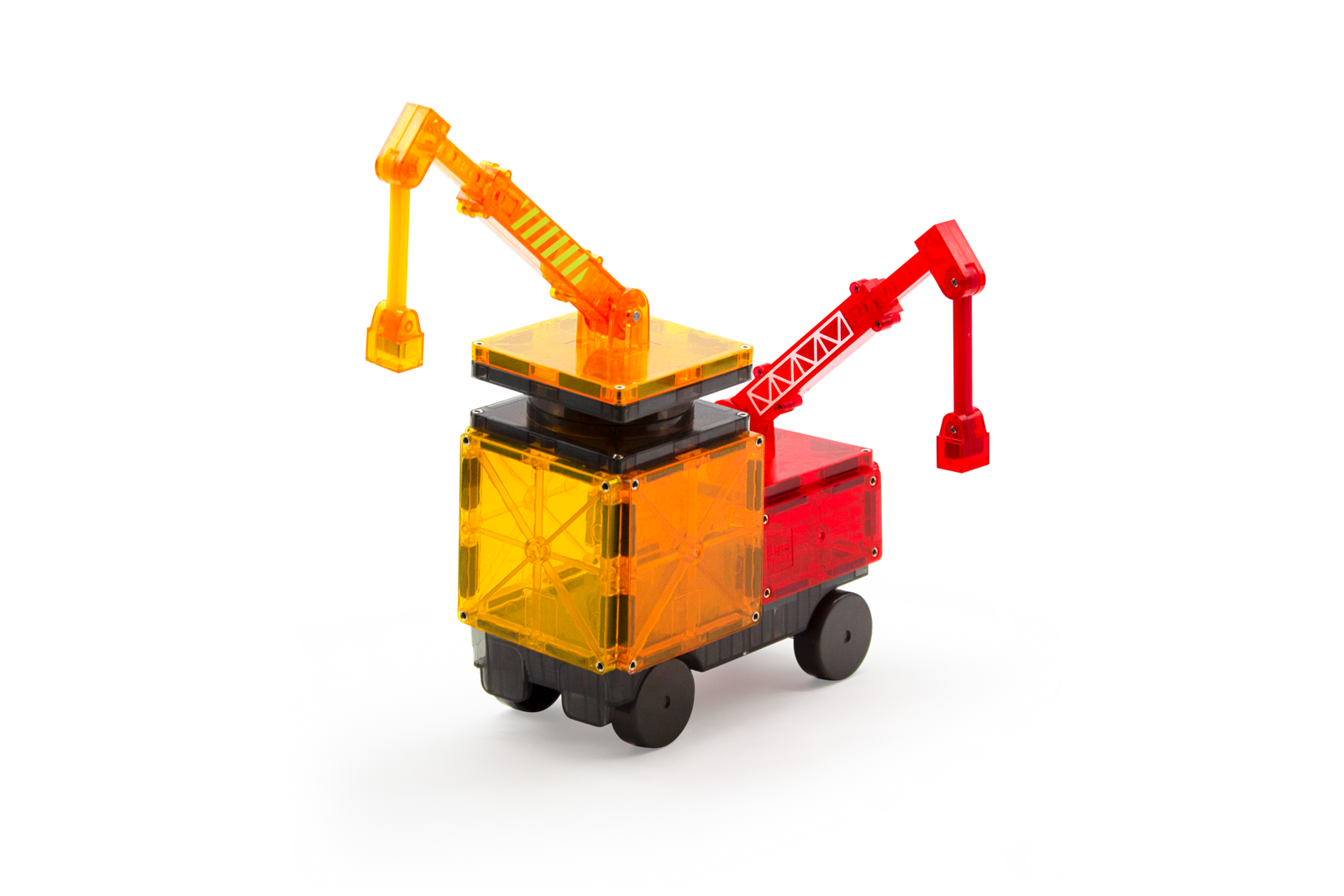 Magnetyczny pojazd budowlany z żółtym ramieniem i czerwonym elementem na białym tle. Magna-Tiles Klocki Magnetyczne Builder 32el
