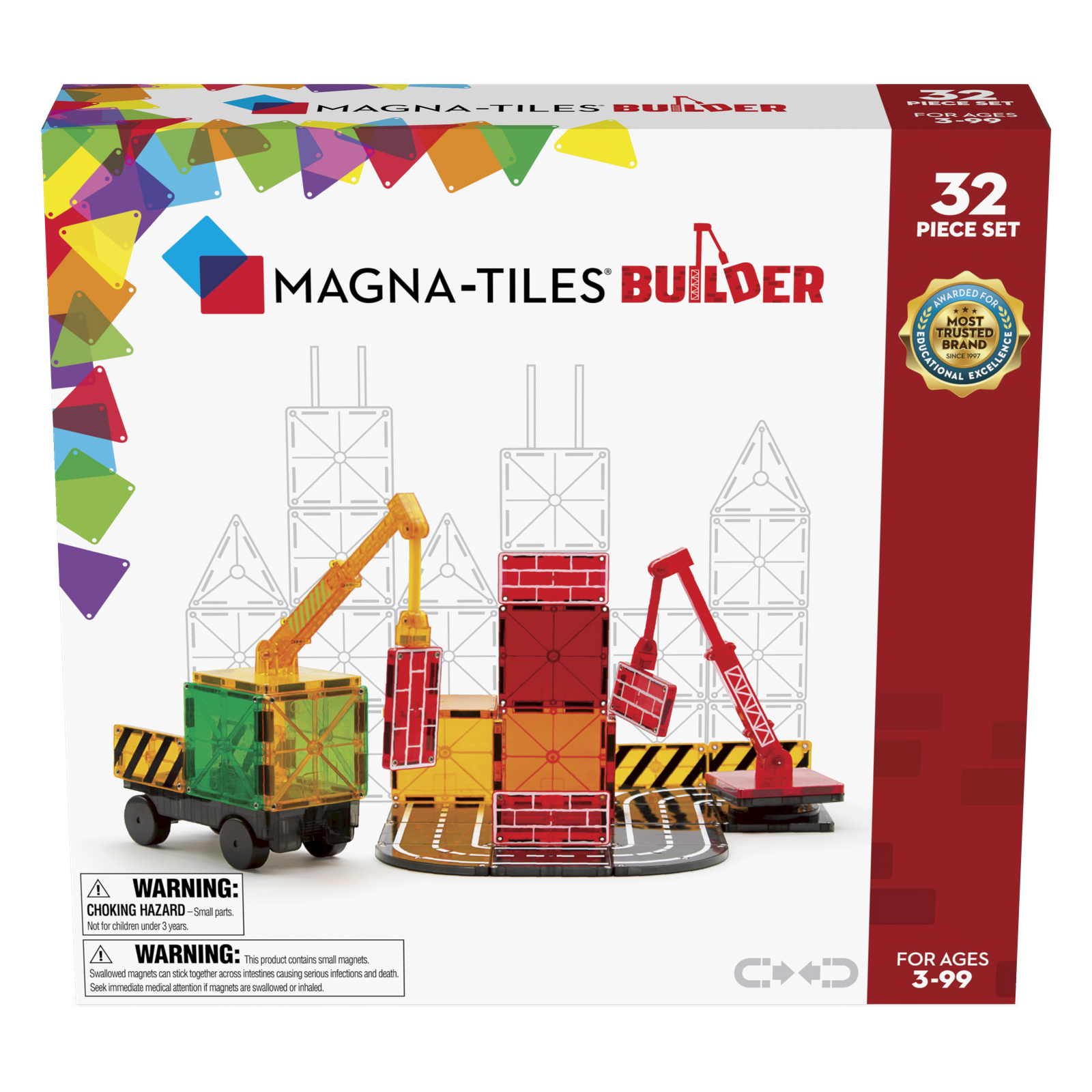 Zestaw klocków magnetycznych z kolorowymi elementami i pojazdami budowlanymi dla dzieci 32 elementy. Magna-Tiles Klocki Magnetyczne Builder 32el