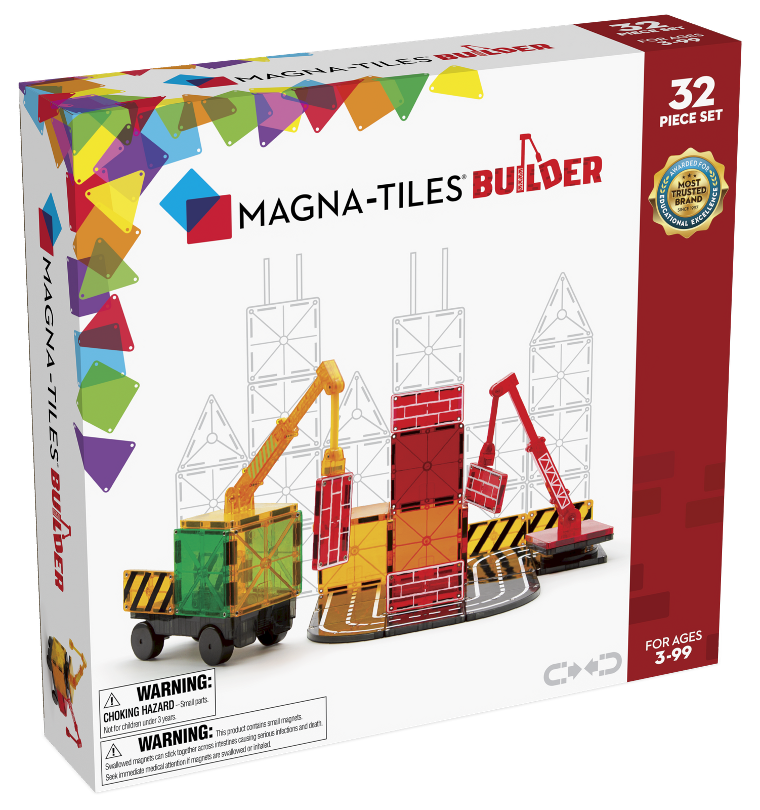 Zestaw klocków magnetycznych z elementami budowy w kolorach czerwonym, żółtym, pomarańczowym i zielonym dla dziecka. Magna-Tiles Klocki Magnetyczne Builder 32el