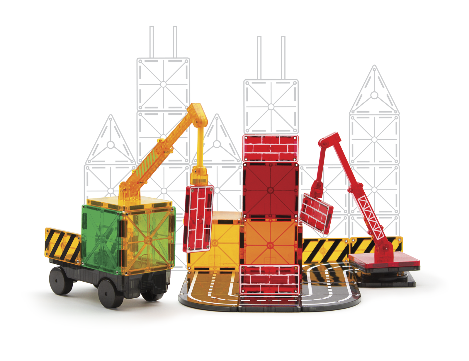 Klocki magnetyczne z elementami budowlanymi i pojazdami w kolorach czerwonym żółtym zielonym i białym. Magna-Tiles Klocki Magnetyczne Builder 32el
