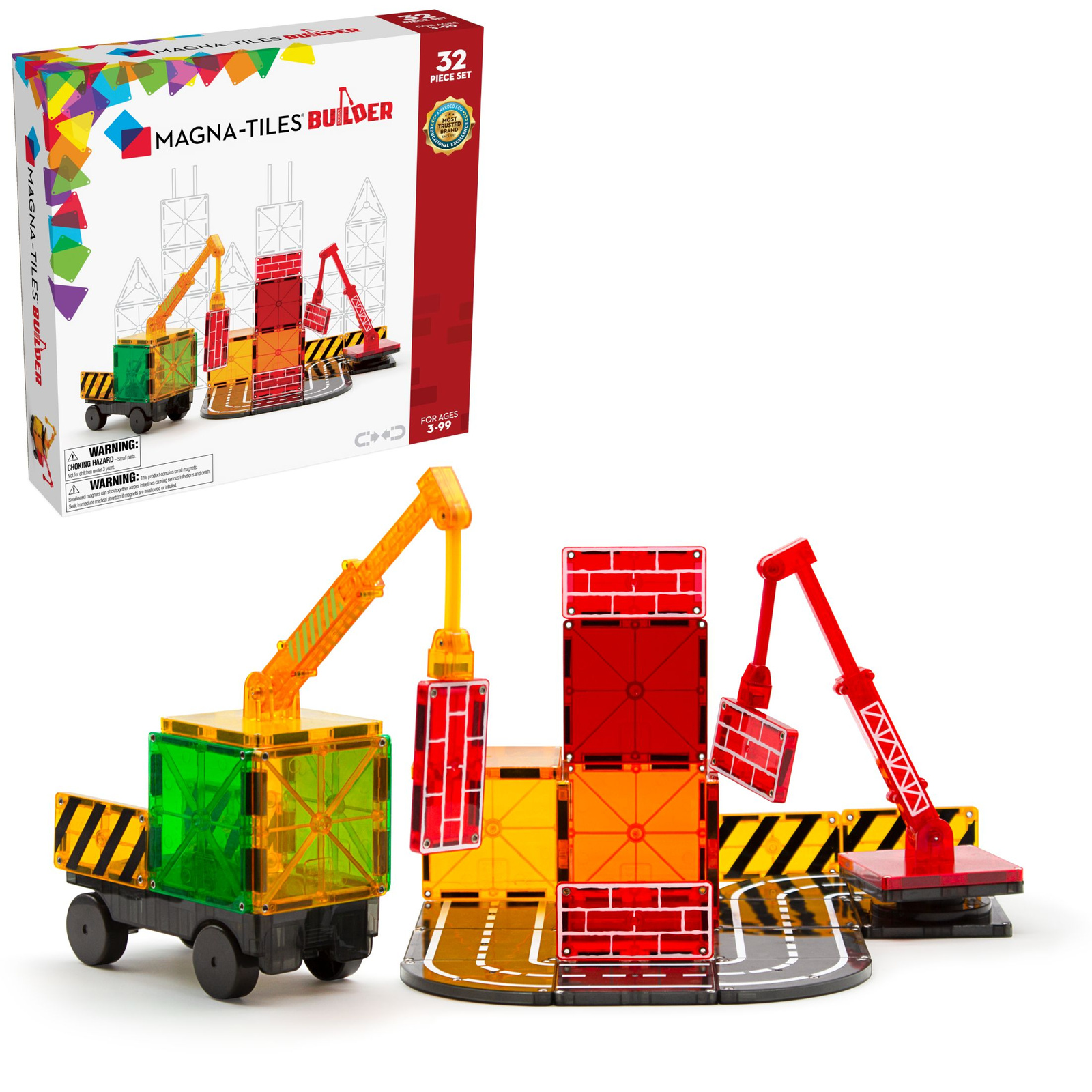Zestaw klocków magnetycznych z pojazdami budowlanymi i kolorowymi elementami konstrukcyjnymi dla dzieci. Magna-Tiles Klocki Magnetyczne Builder 32el