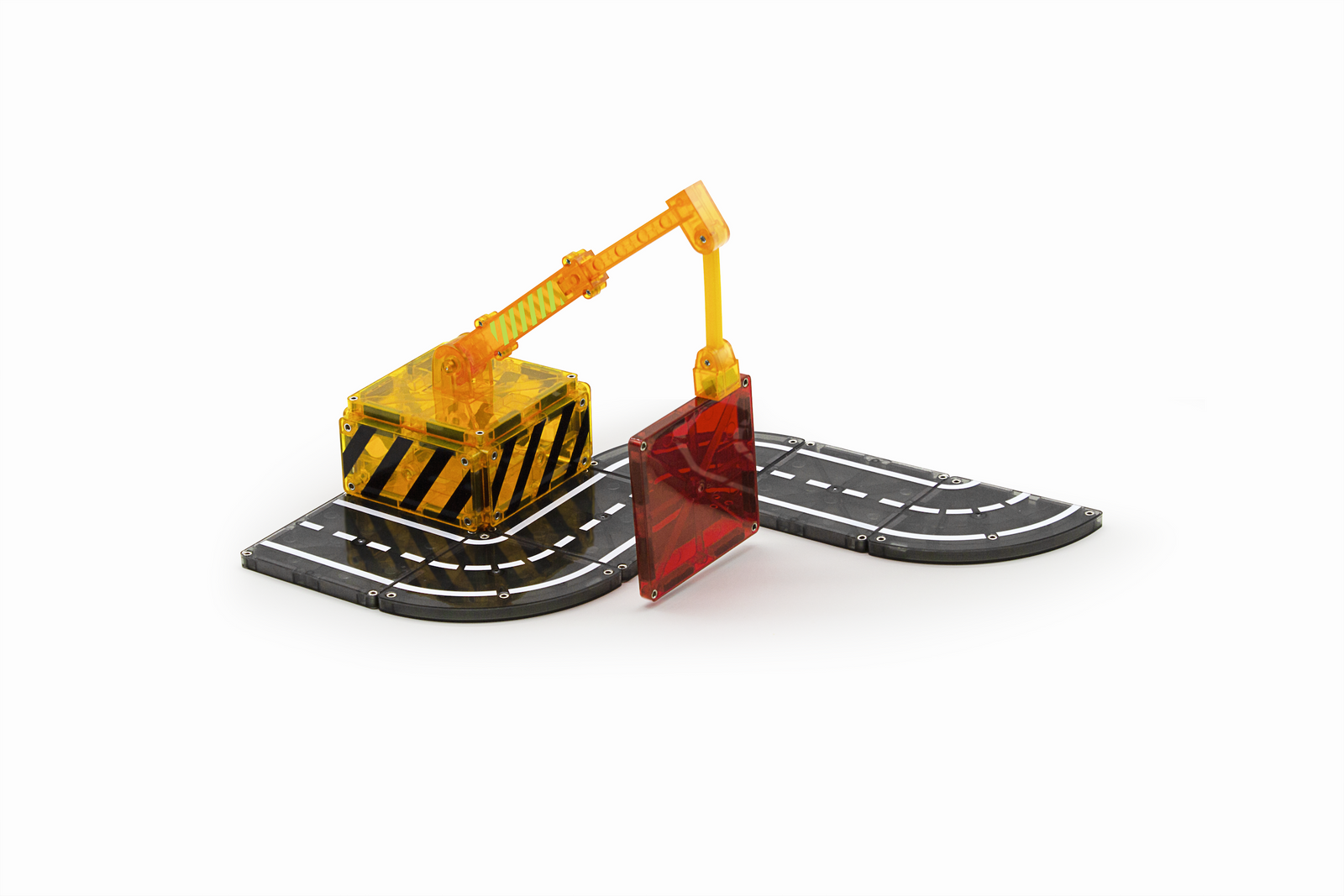 Zestaw klocków magnetycznych z czarnymi płytkami, żółtym pojazdem i czerwonym elementem konstrukcyjnym. Magna-Tiles Klocki Magnetyczne Builder 32el