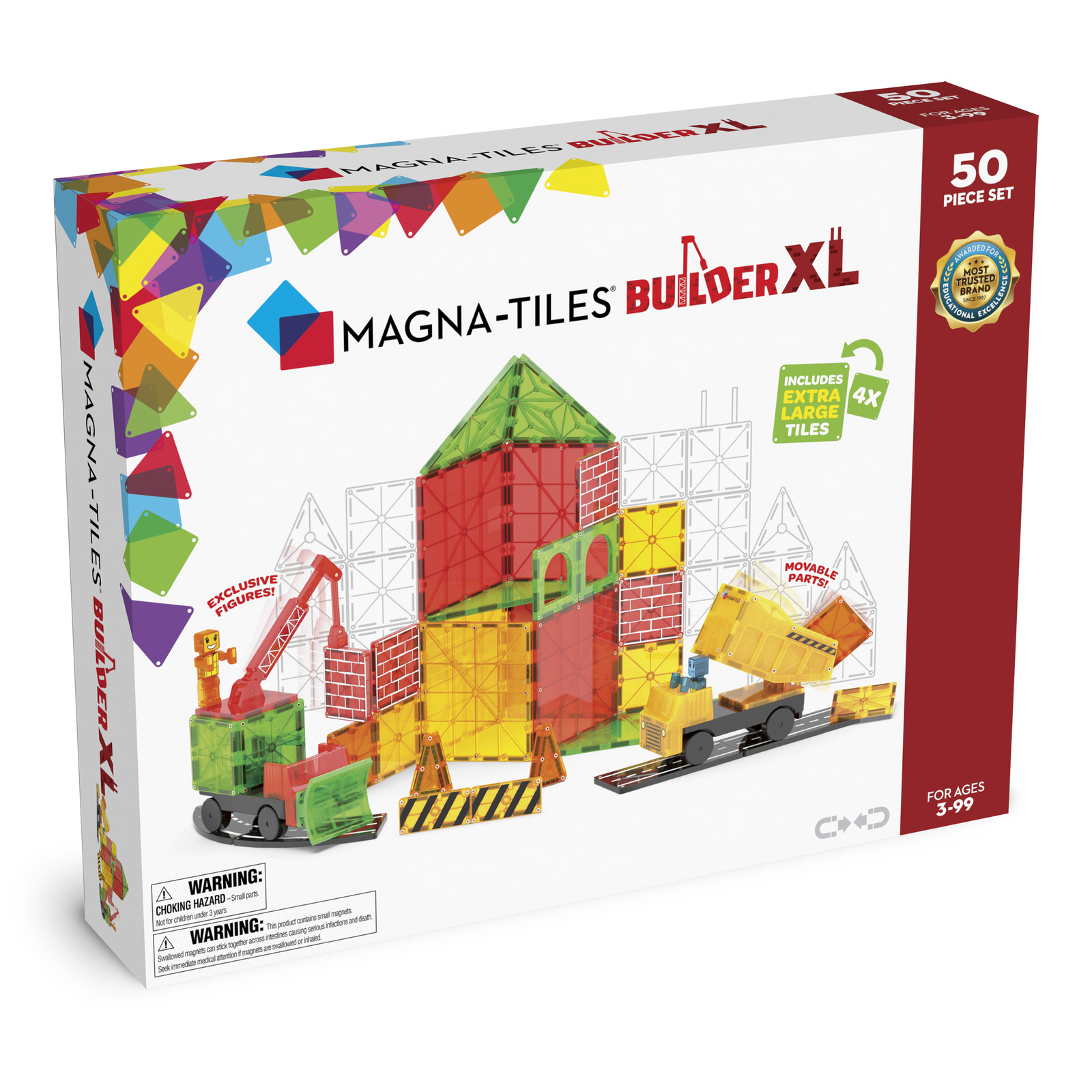 Pudełko z klockami magnetycznymi Magna Tiles Builder XL 50 elementów z ilustracją pojazdów i konstrukcji. Magna-Tiles Klocki Magnetyczne Builder XL 50el