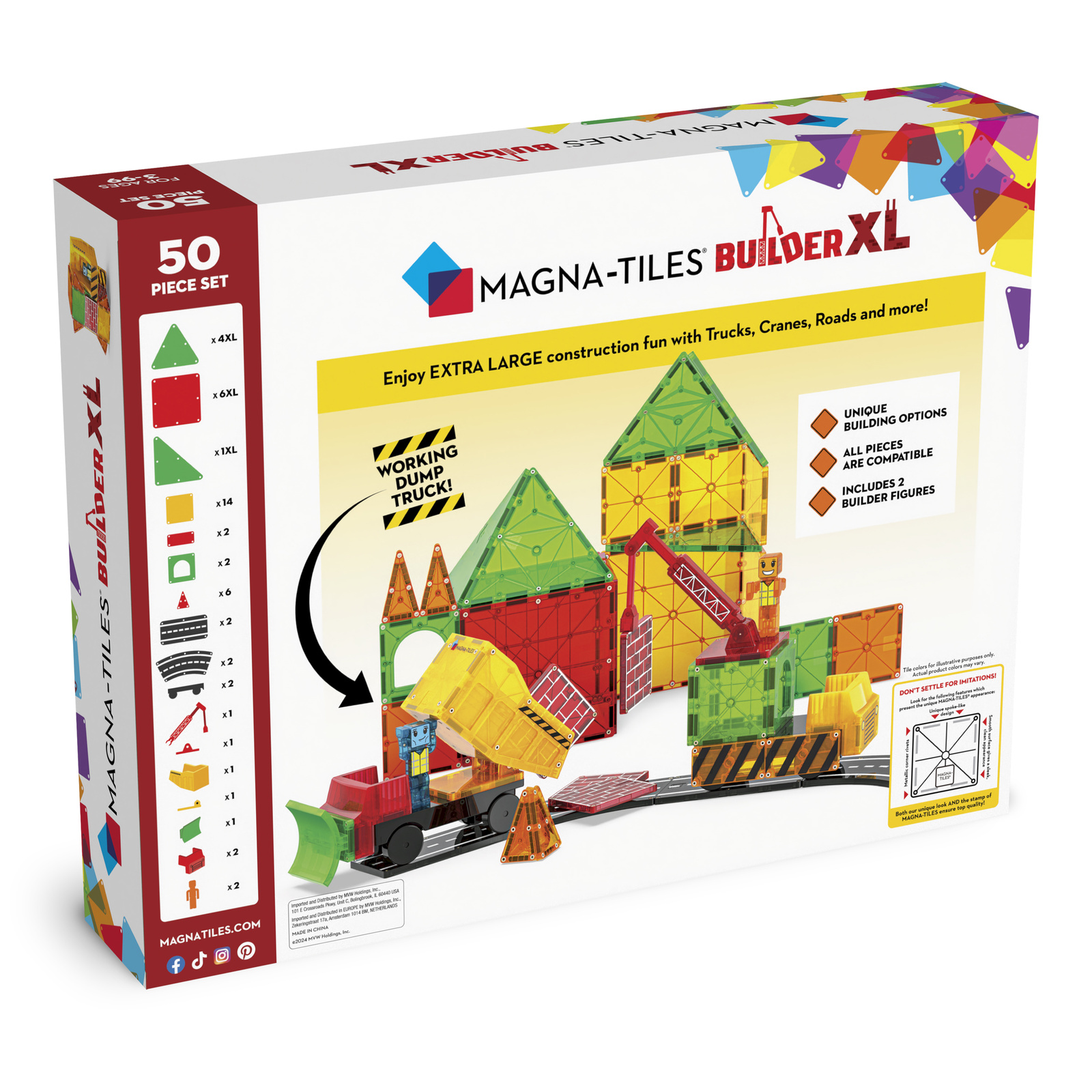 Pudełko z klockami magnetycznymi dla dzieci 50 elementów z kolorowymi geometrycznymi kształtami i pojazdami budowlanymi. Magna-Tiles Klocki Magnetyczne Builder XL 50el