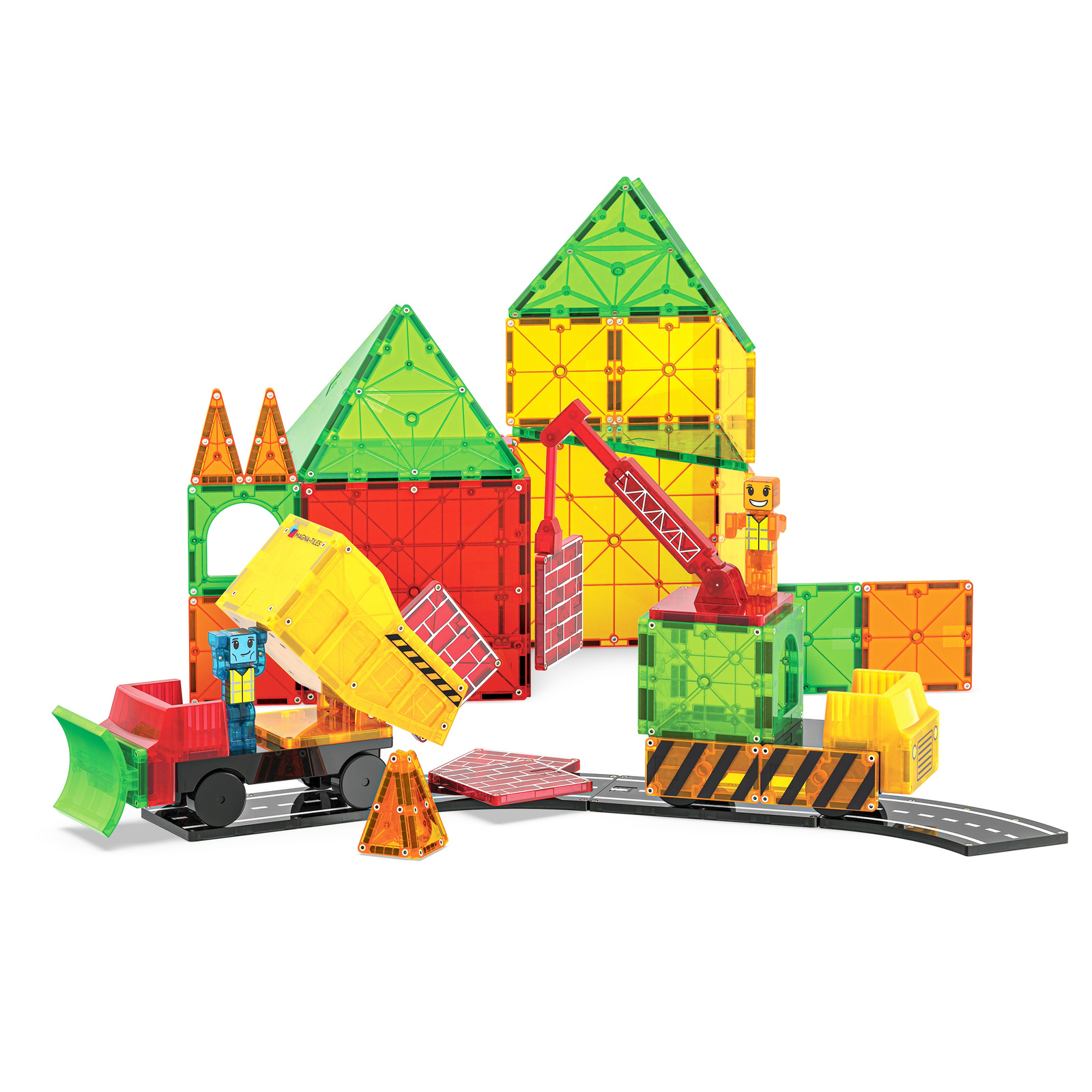 Kolorowe klocki magnetyczne z elementami budowy i pojazdami dla dziecka. Magna-Tiles Klocki Magnetyczne Builder XL 50el