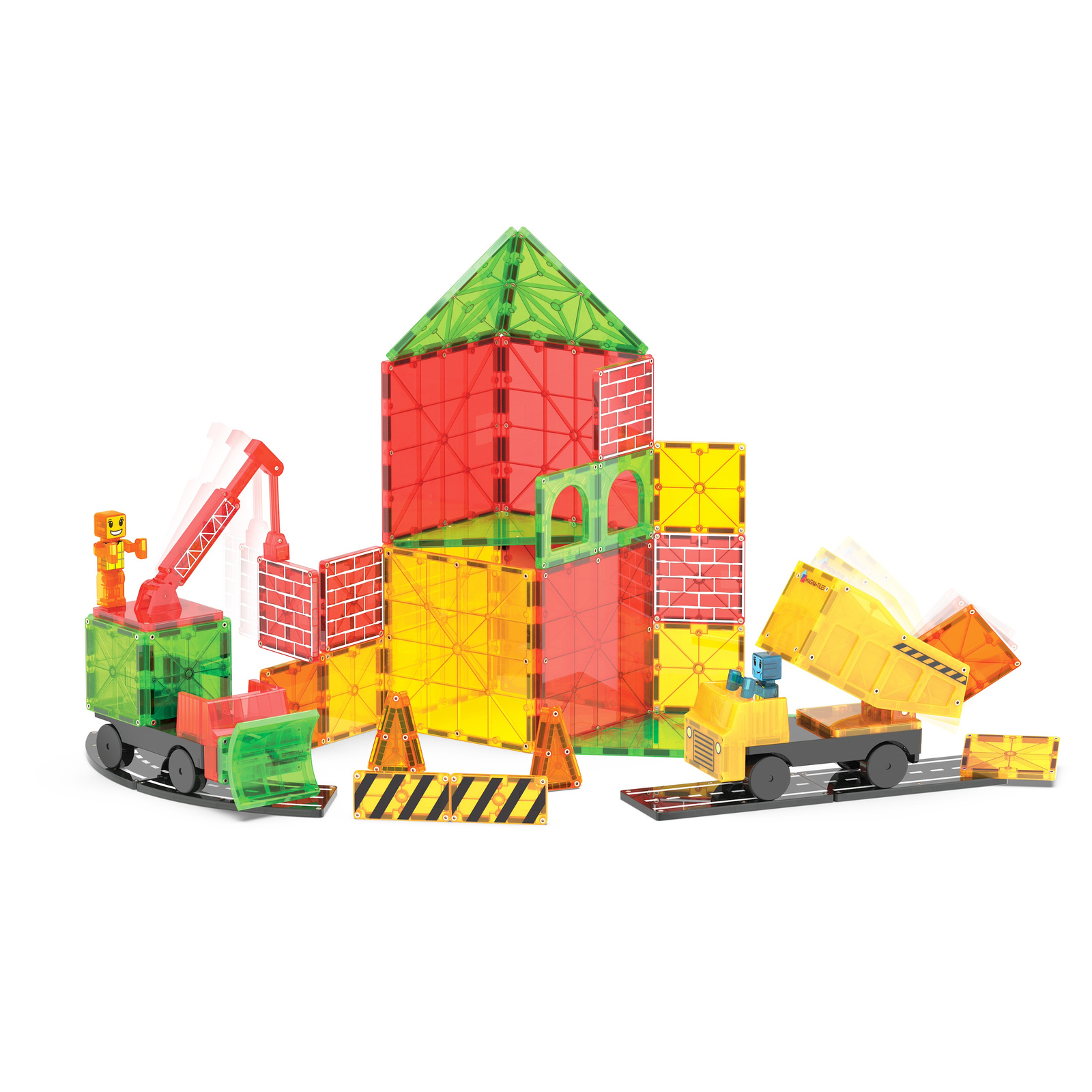 Kolorowe magnetyczne klocki konstrukcyjne z elementami budynku i pojazdami dla dziecka. Magna-Tiles Klocki Magnetyczne Builder XL 50el