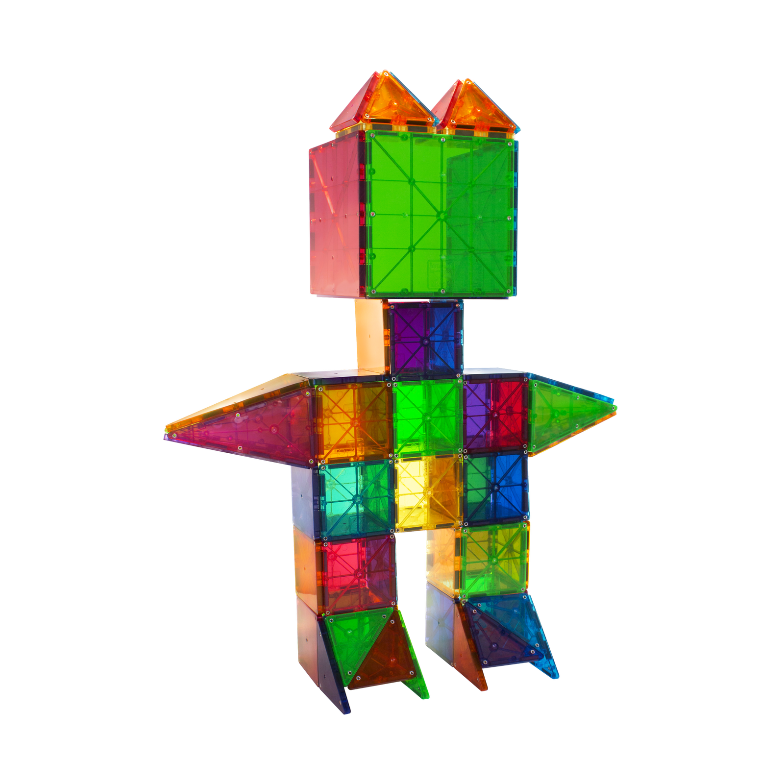 Kolorowa magnetyczna figurka z przezroczystych klocków geometrycznych ułożona w postać człowieka. Magna-Tiles Klocki Magnetyczne Classic 100el
