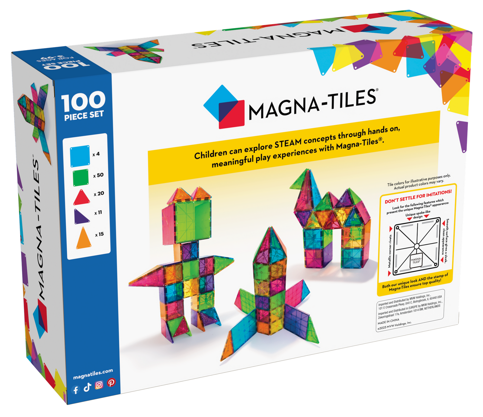 Kolorowe magnetyczne klocki konstrukcyjne dla dzieci 100 elementów w pudełku. Magna-Tiles Klocki Magnetyczne Classic 100el