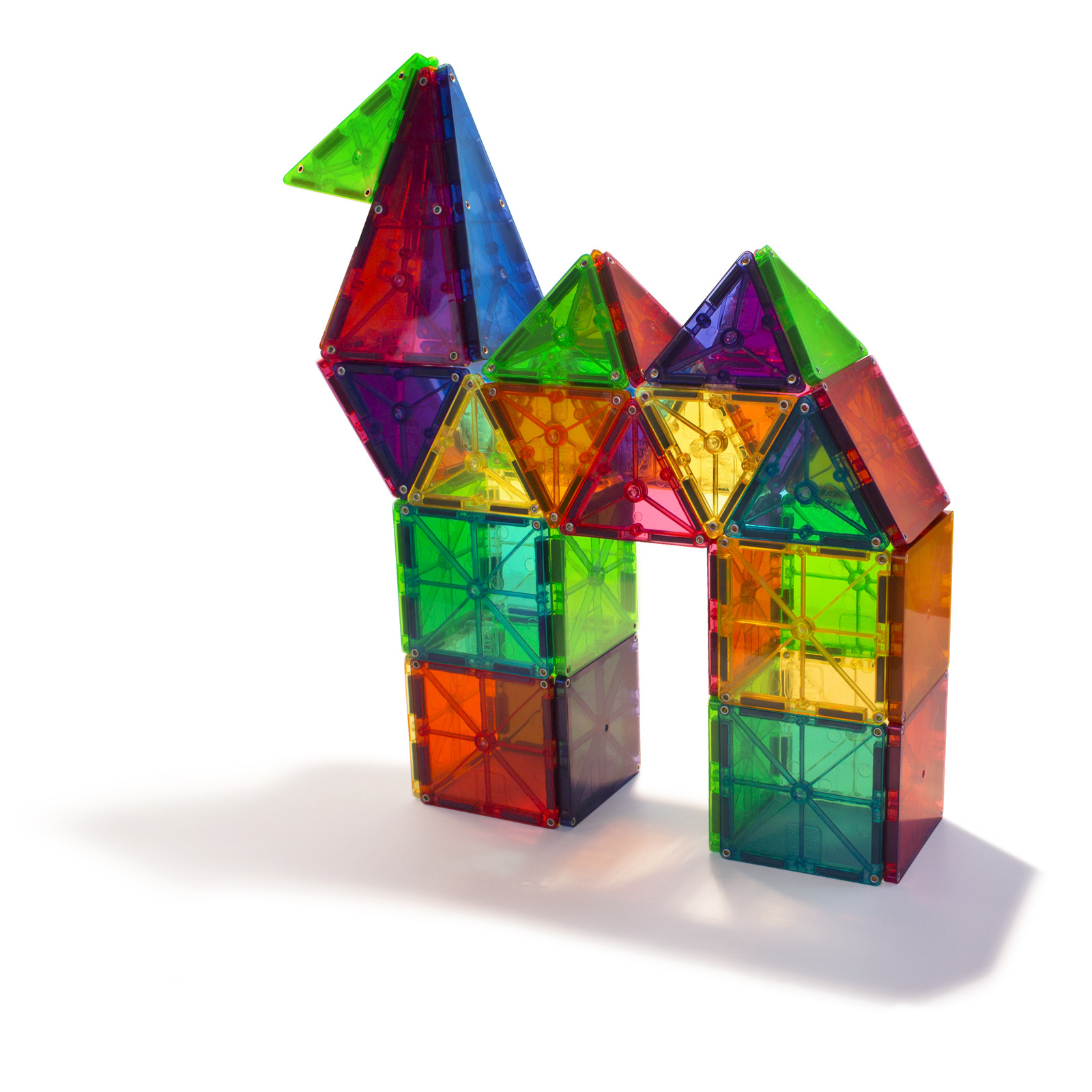Kolorowe magnetyczne klocki geometryczne zbudowane w kształt zwierzęcia z przezroczystych elementów. Magna-Tiles Klocki Magnetyczne Classic 100el