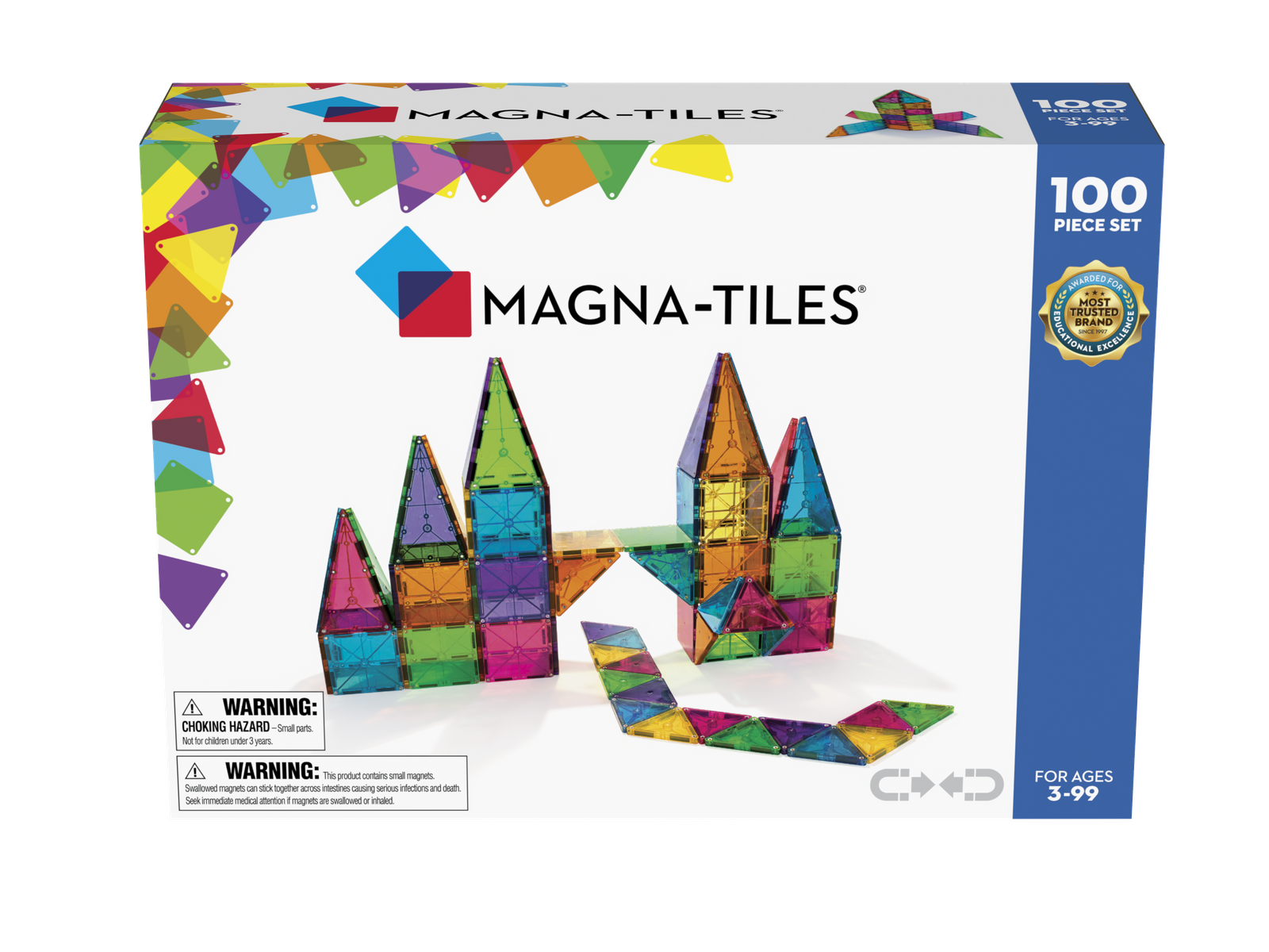 Kolorowe magnetyczne klocki konstrukcyjne z przezroczystego plastiku w różnych kształtach dla dzieci. Magna-Tiles Klocki Magnetyczne Classic 100el
