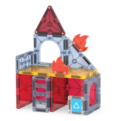 Magnetyczne klocki konstrukcyjne w czerwonym, szarym i przezroczystym kolorze z elementami straży pożarnej dla dzieci. Magna-Tiles Klocki Magnetyczne Fire Rescue 27el