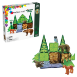 Klocki magnetyczne z motywem lasu i zwierząt w zielonych oraz brązowych kolorach, z figurkami drzew, niedźwiedzia, lisa i sowy dla dziecka. Magna-Tiles Klocki Magnetyczne Forest Animals 25el