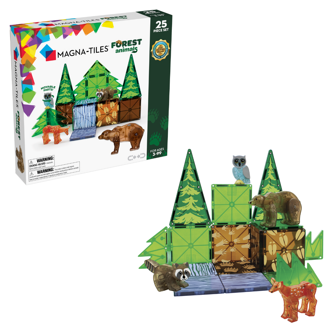 Klocki magnetyczne z motywem lasu i zwierząt w zielonych oraz brązowych kolorach, z figurkami drzew, niedźwiedzia, lisa i sowy dla dziecka. Magna-Tiles Klocki Magnetyczne Forest Animals 25el