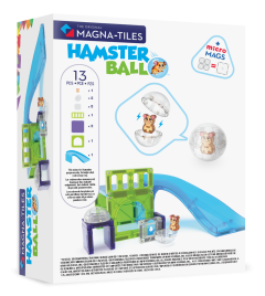 Klocki magnetyczne z przezroczystą kulą, zielonymi i niebieskimi elementami oraz figurką chomika dla dziecka. Magna-Tiles Klocki Magnetyczne Hamster Ball 13el
