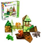 Klocki magnetyczne z motywem dżungli dla dzieci, zielone i brązowe elementy oraz figurki zwierząt: tygrys, słoń, małpa i krokodyl. Magna-Tiles Klocki Magnetyczne Jungle Animals 25el