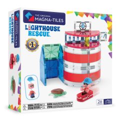 Klocki magnetyczne z wieżą latarnią, łódką i figurką, wielokolorowe, dla dziecka. Magna-Tiles Klocki Magnetyczne Lighthouse Rescue 26el